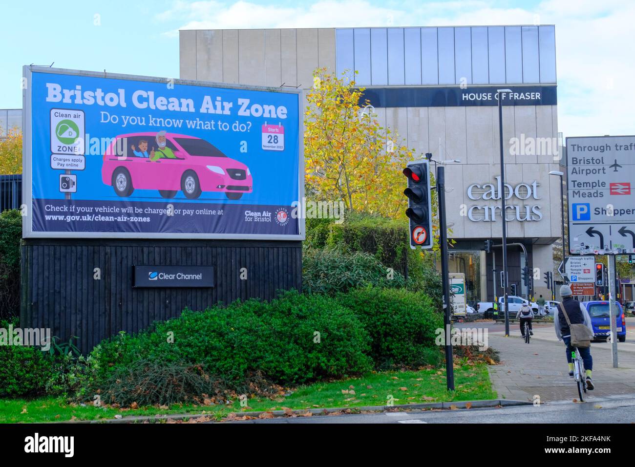 Bristol, UK. 17th Nov, 2022. The Bristol Clean Air Zone will be implemented on the 28th Nov, just as First Bus, a major bus operator in Bristol announces it is reducing a significant number of journeys due to a driver shortage. The Clean Air Zone or CAZ will limit the number of polluting vehicles entering the city, forcing people to use public transport. First Bus hopes that by giving advance notice it will allow customers to make alternative plans. Credit: JMF News/Alamy Live News Stock Photo