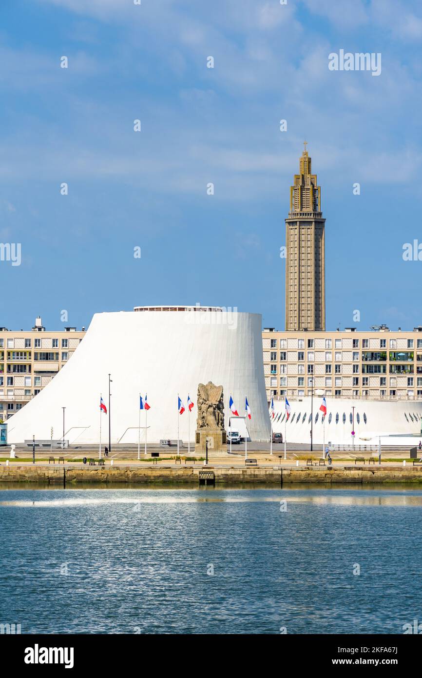The Volcan theater, the Oscar Niemeyer public library and the bell tower of St. Joseph's Church in Le Havre, France. Stock Photo
