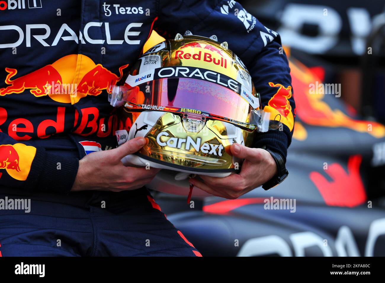 Abu Dhabi, UAE. 17/11/2022, The helmet of Max Verstappen (NLD) Red Bull