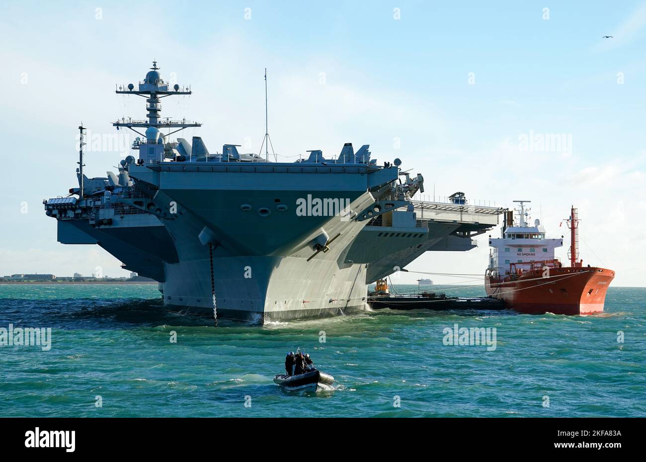 A view of the US Navy's newest aircraft carrier the USS Gerald R. Ford ...