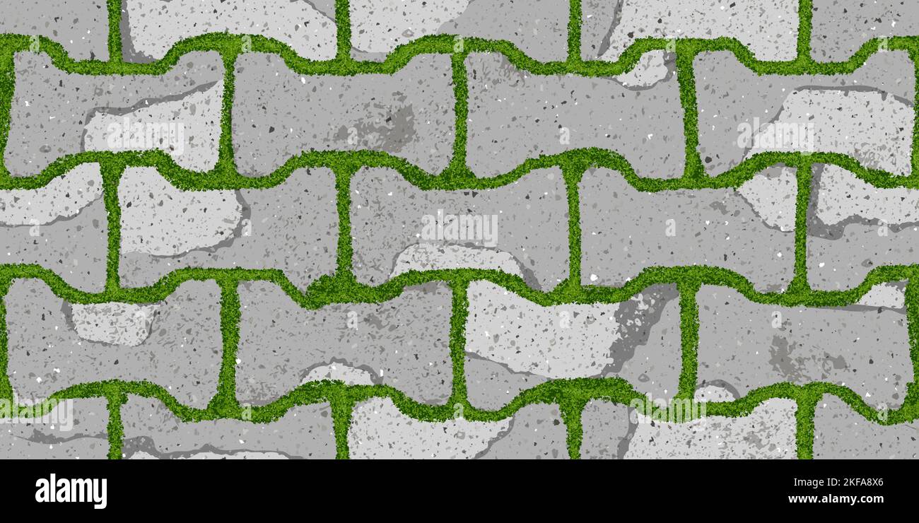 Seamless pattern of old pavement with moss and dumble interlocking cracked old bricks Stock Vector