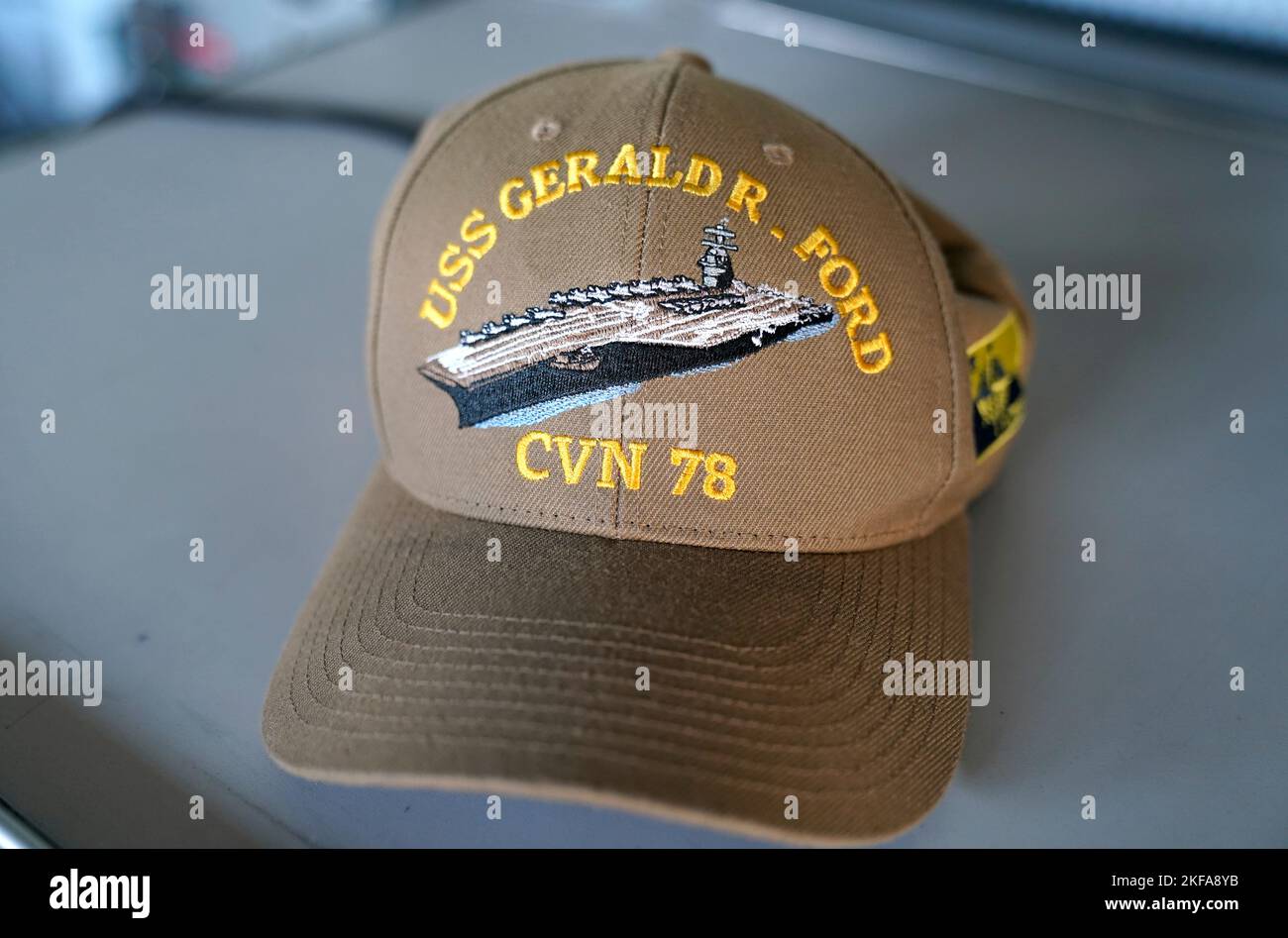 A USS Gerald R. Ford cap seen on the bridge of the USS Gerald R. Ford ...
