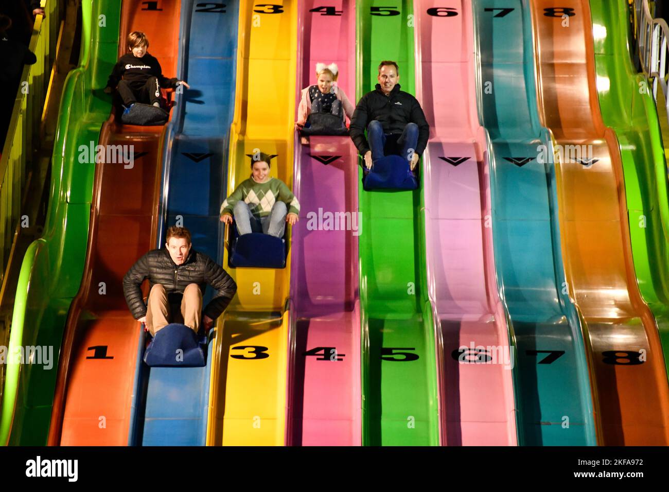 Colourful Giant Slippery Dip Slide at Night Amusement Rides at The Royal Melbourne Show, Melbourne Victoria VIC, Australia Stock Photo