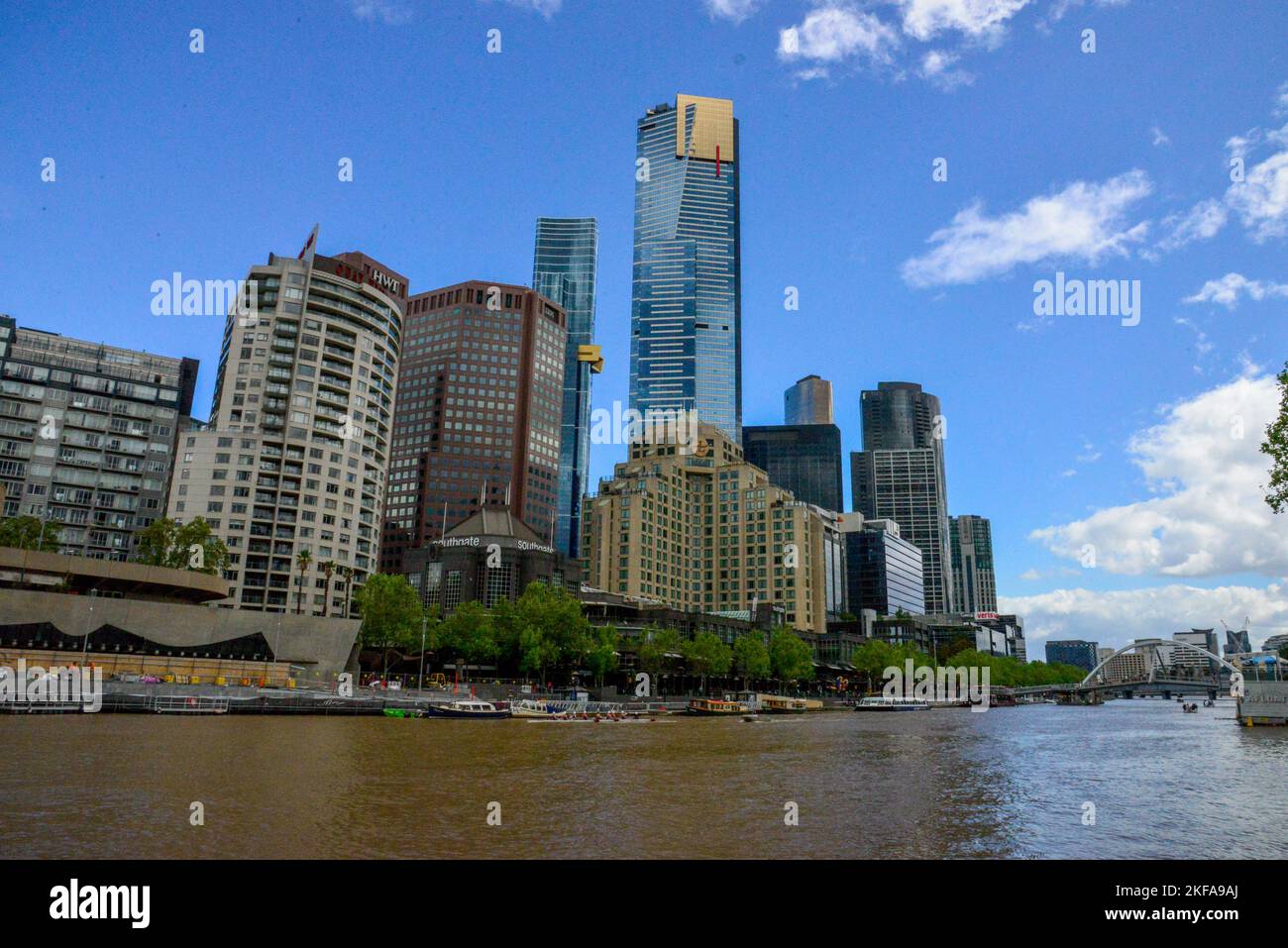 View of Southbank District Melbourne Buildings, Entertainment, Commercial, Apartments, Restaurants, Hotels, Melbourne, Victoria VIC< Australia Stock Photo