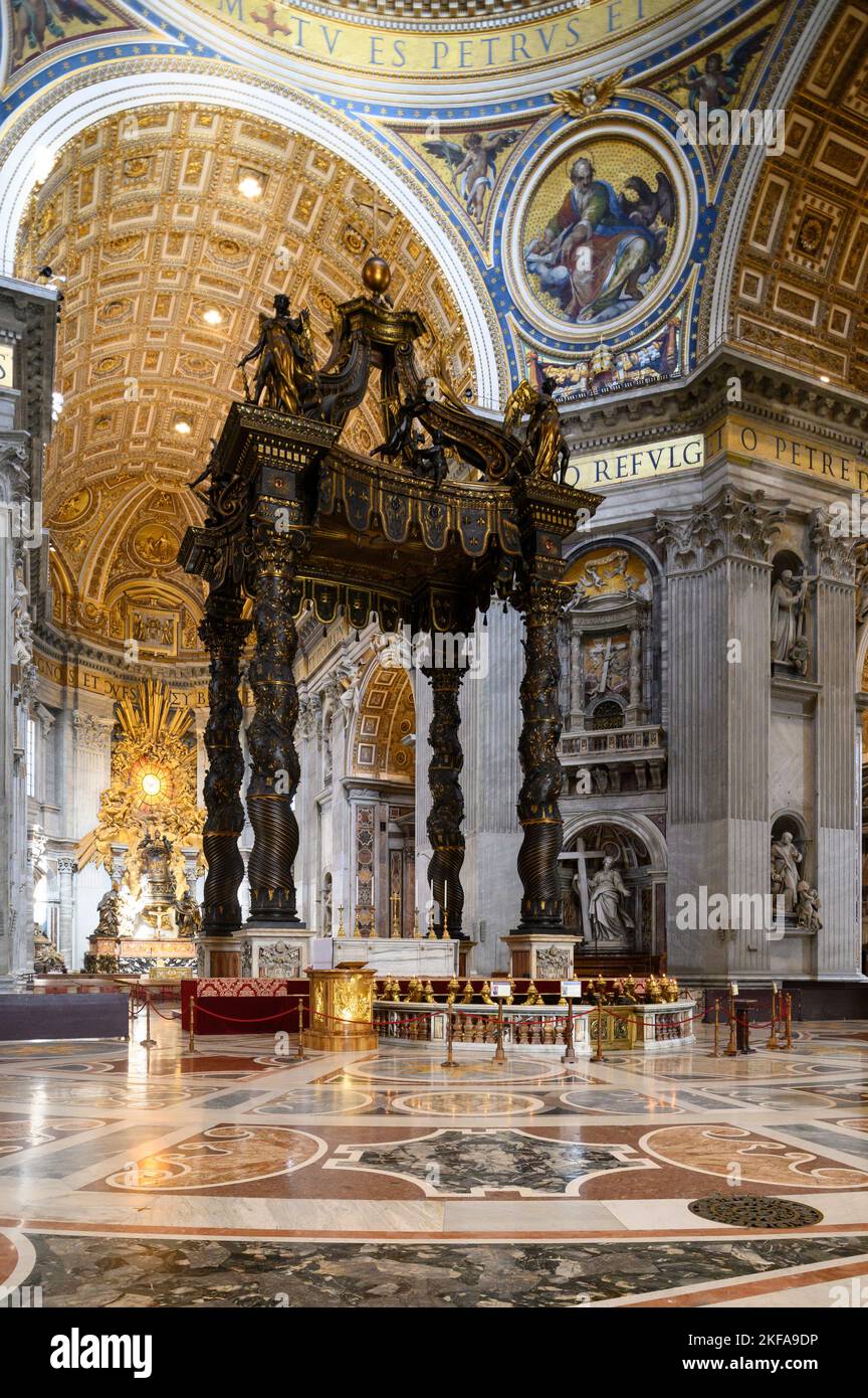 Rome. Italy. Basilica di San Pietro (St. Peter’s Basilica). The 17th C baldacchino, designed by Bernini. Stock Photo