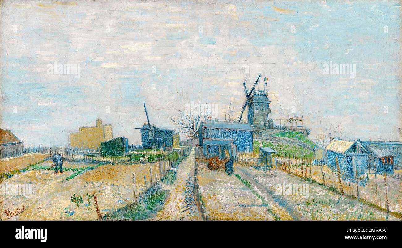 Vincent van Gogh, Montmartre: Windmills and Allotments, landscape painting in oil on canvas, 1887 Stock Photo