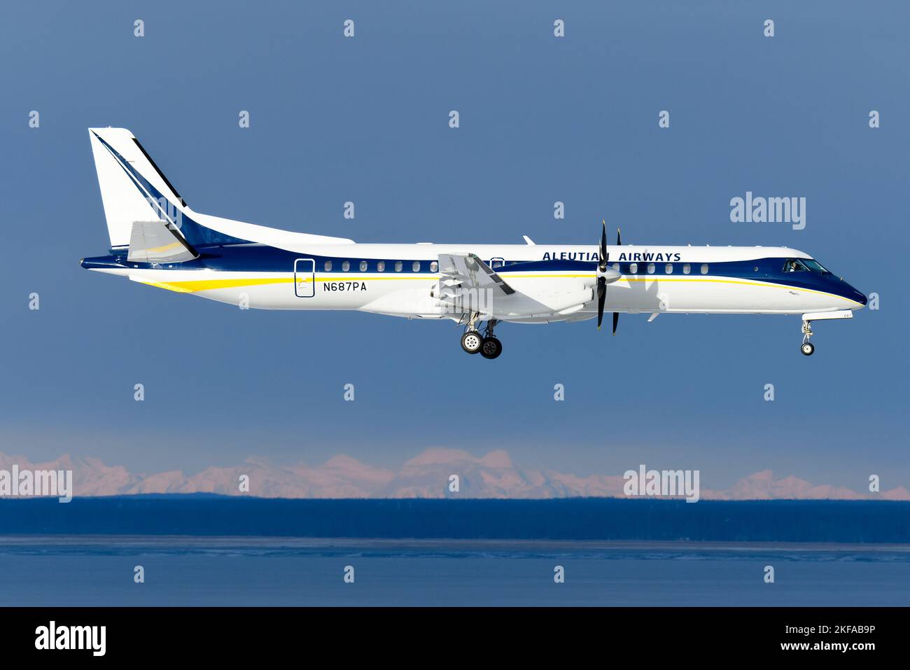 Aleutian Airways Saab 2000 aircraft. New airline in Alaska with Saab 2000 airplane named Alleutian Airways. Plane  N687PA. Stock Photo