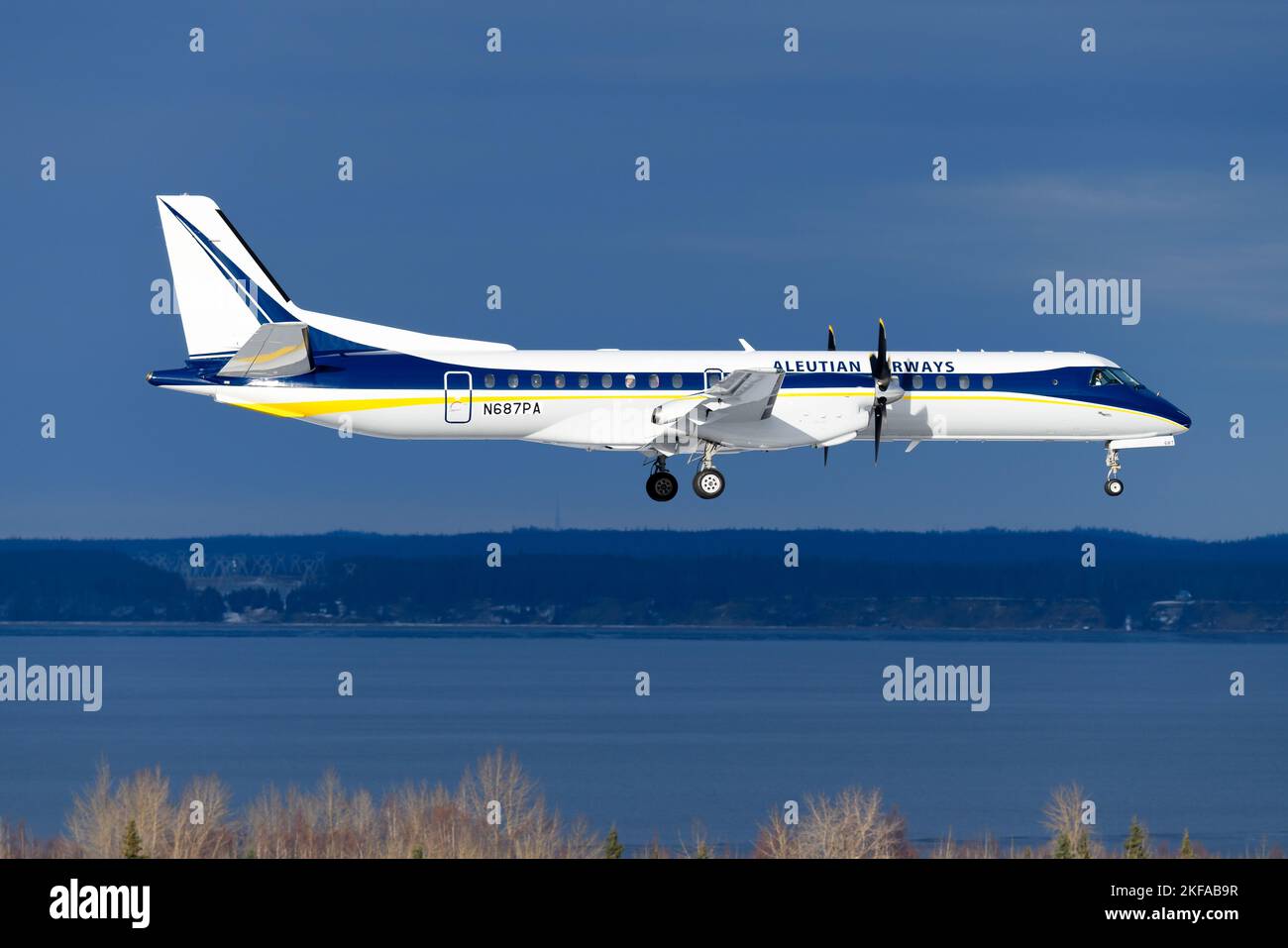 Aleutian Airways Saab 2000 airplane. New airline in Alaska with Saab 2000 plane named Alleutian Airways. Aircraft N687PA. Stock Photo