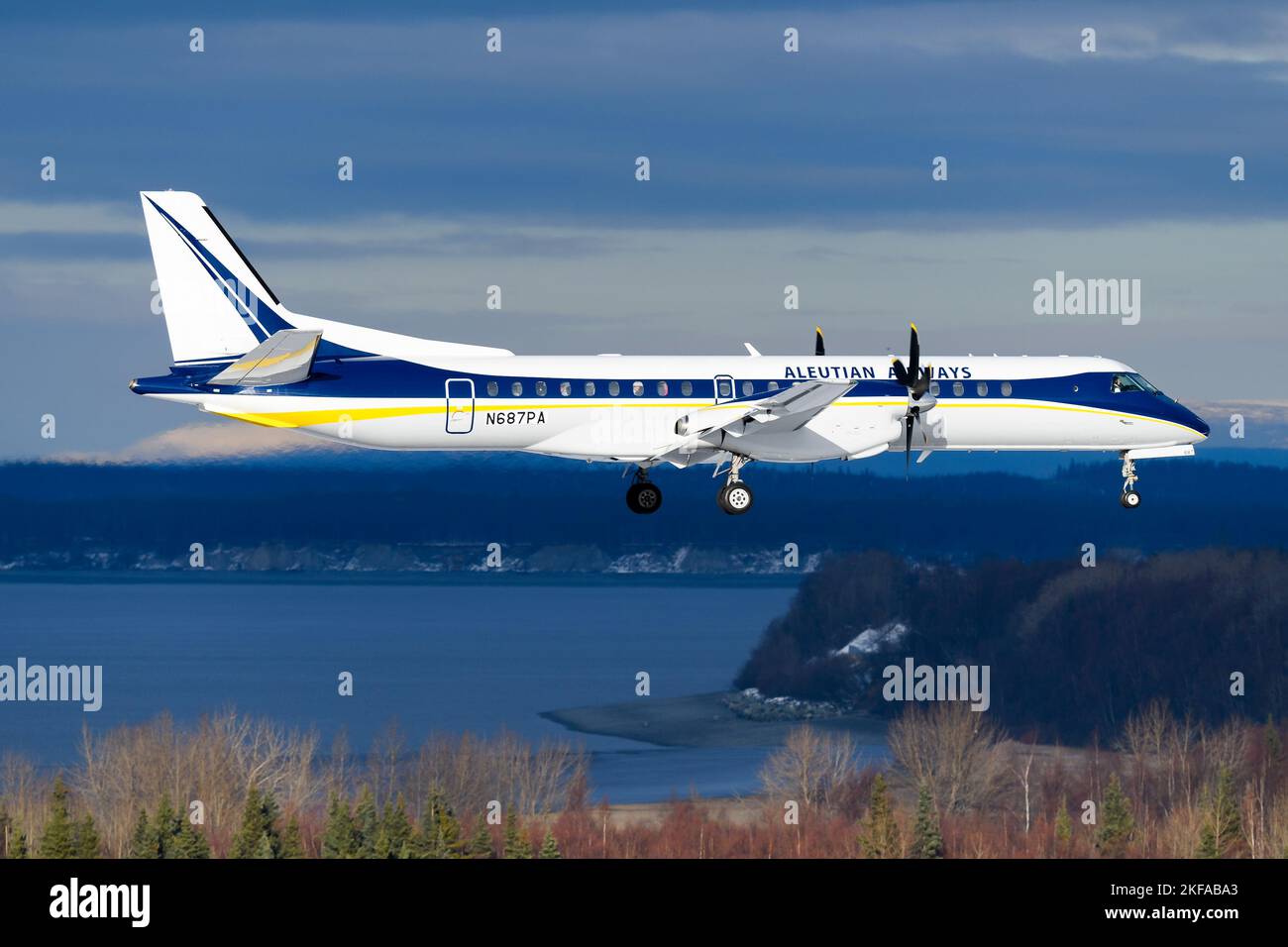 Aleutian Airways Saab 2000 plane. New airline in Alaska with Saab 2000 airplane named Alleutian Airways. Aircraft  N687PA. Stock Photo