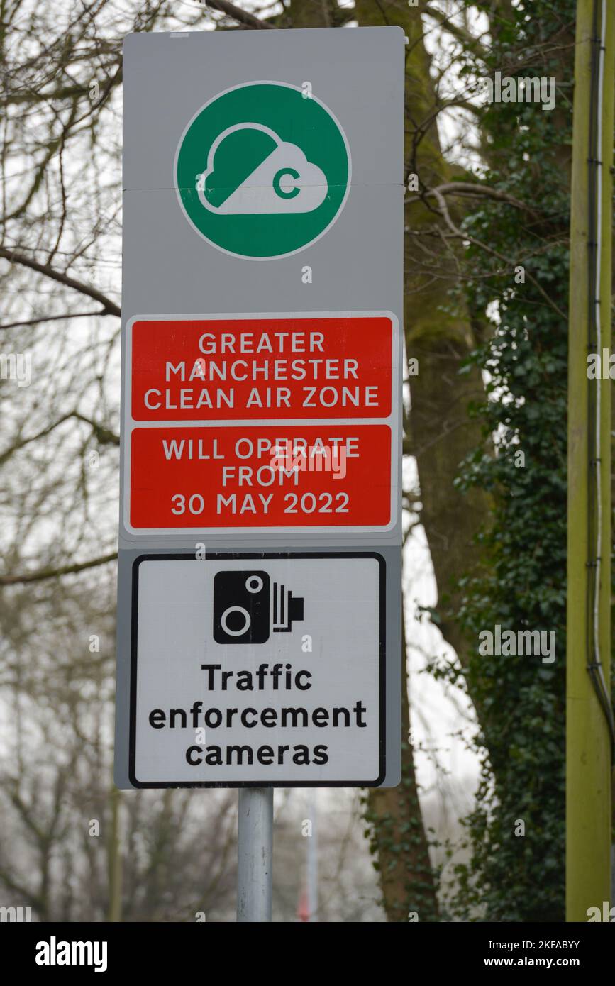 Edenfield, Greater Manchester. Brand new road sign showing the controversial Clean Air Zone which will operate from 30 May 2022 Stock Photo