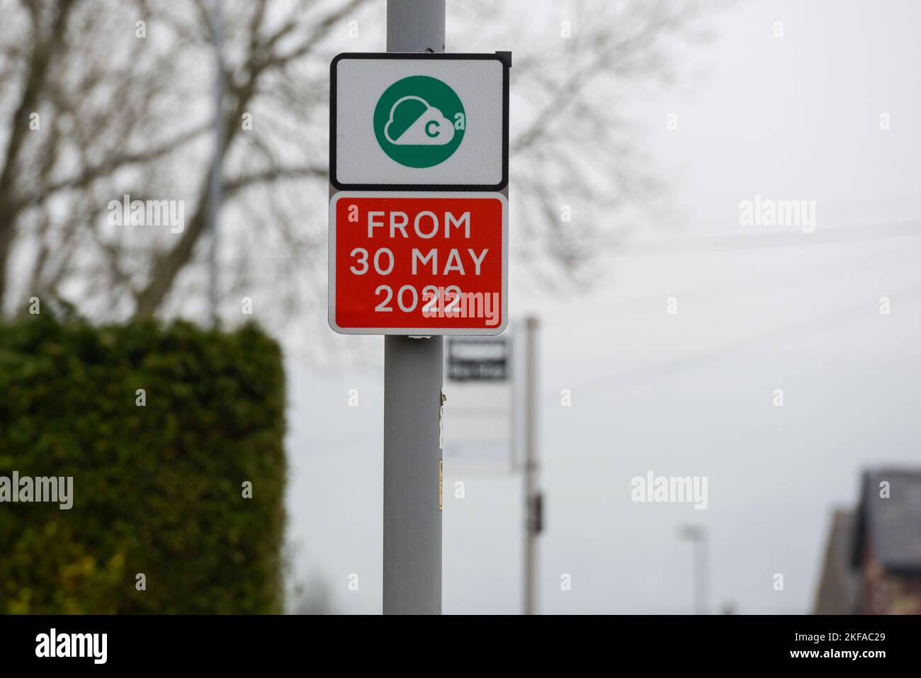 Edenfield, Greater Manchester. Brand new road sign showing the controversial Clean Air Zone which will operate from 30 May 2022 Stock Photo