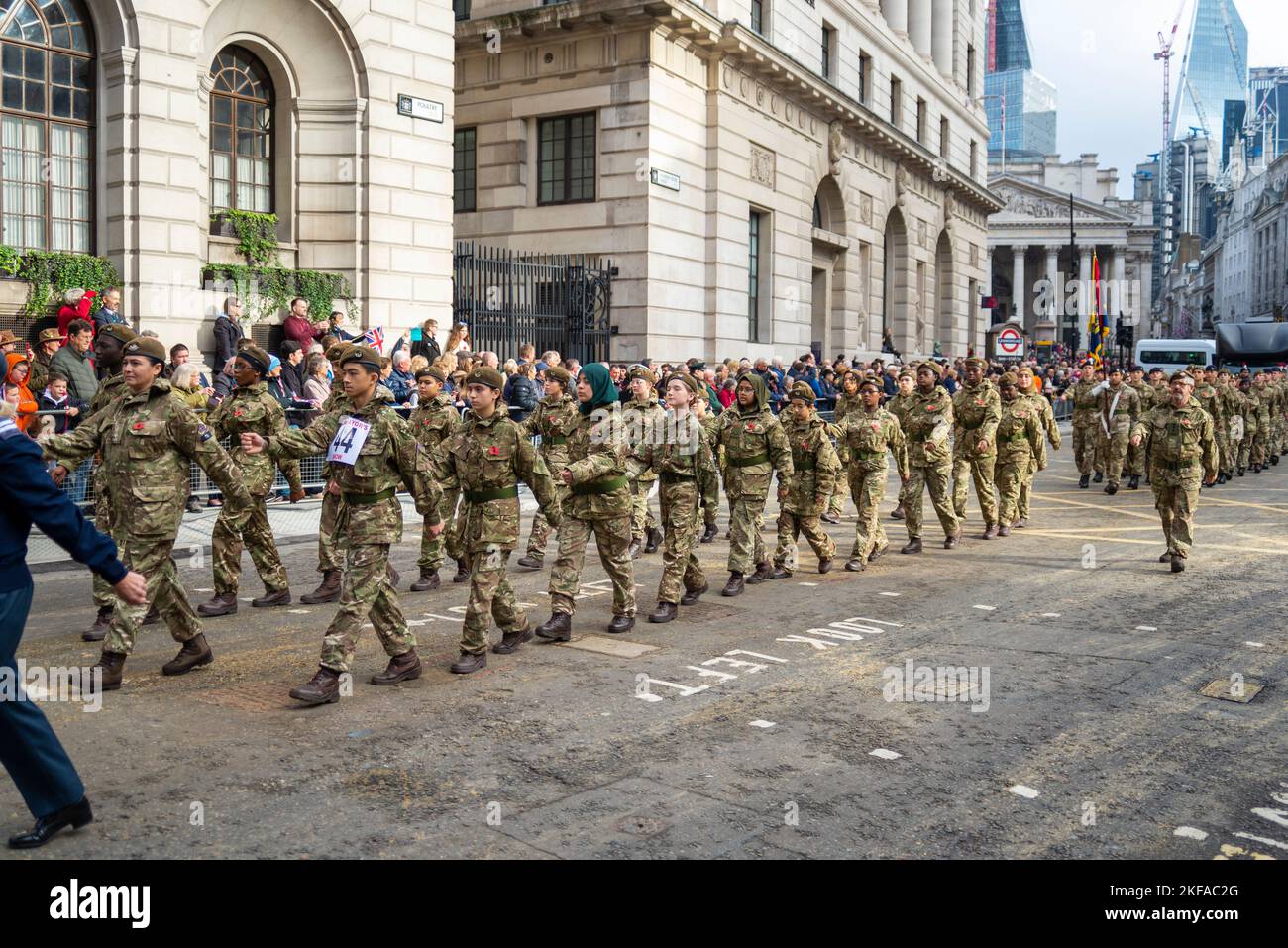 MOSSBOURNE HONOURABLE ARTILLERY COMPANY COMBINED CADET FORCE at the Lord Mayor's Show parade in the City of London, UK Stock Photo