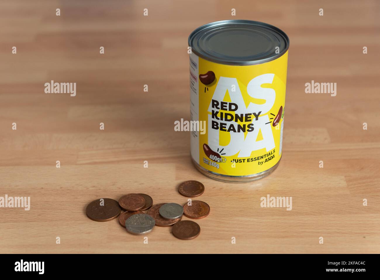 Photo of food items from the Just Essentials by ASDA range. Controversial yellow packaging suggesting food poverty. Crisis in the UK Stock Photo