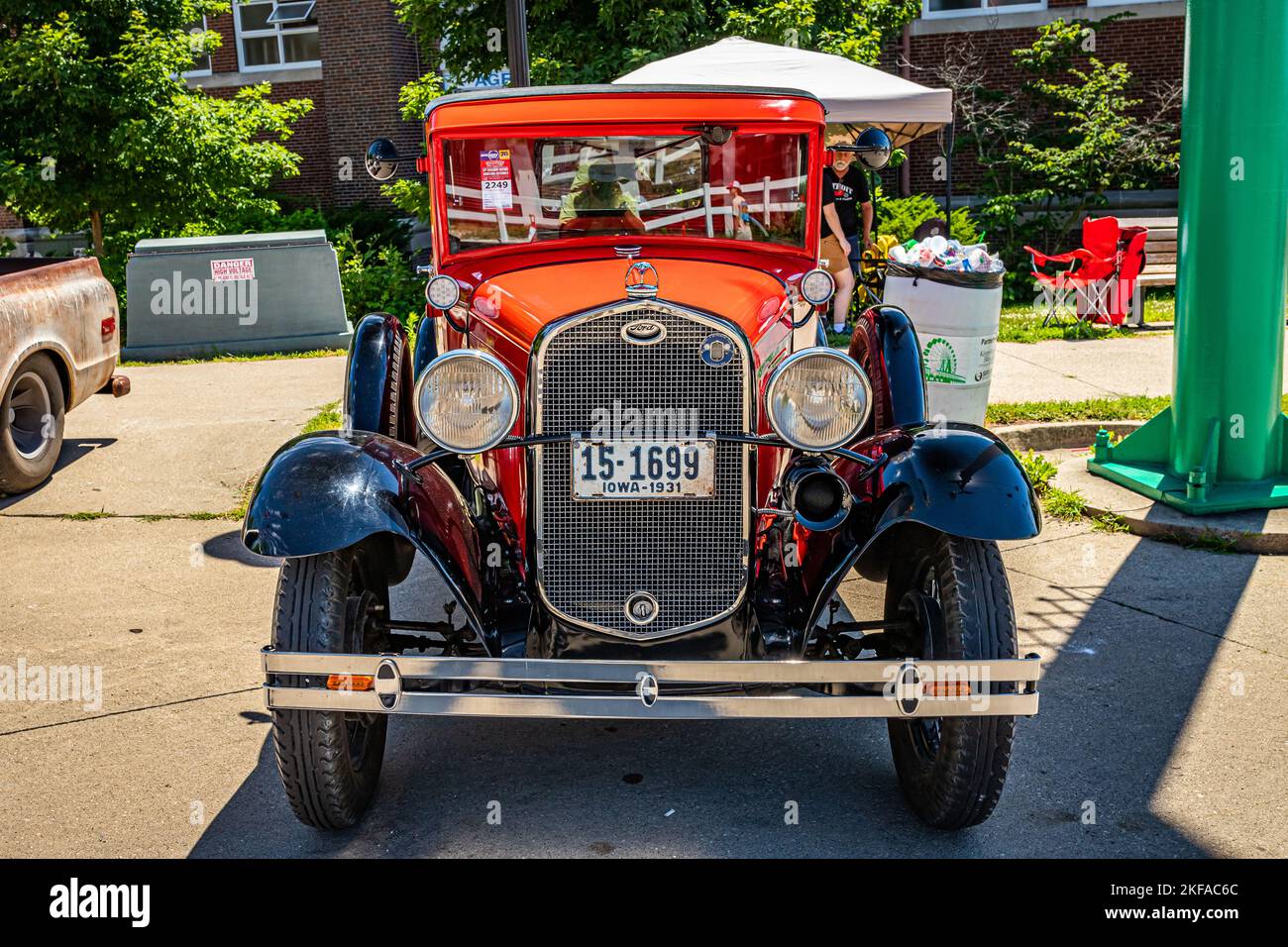 Des Moines, IA - July 02, 2022: High perspective front view of a 1931 Ford Model A Pickup Truck at a local car show. Stock Photo