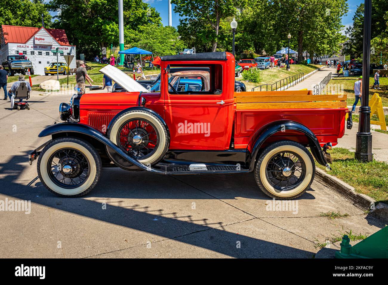 Des Moines, IA - July 02, 2022: High perspective side view of a 1931 Ford Model A Pickup Truck at a local car show. Stock Photo