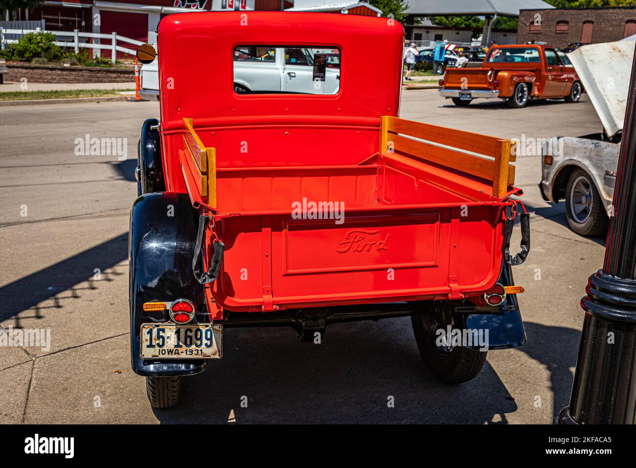 Des Moines, IA - July 02, 2022: High perspective rear view of a 1931 Ford Model A Pickup Truck at a local car show. Stock Photo