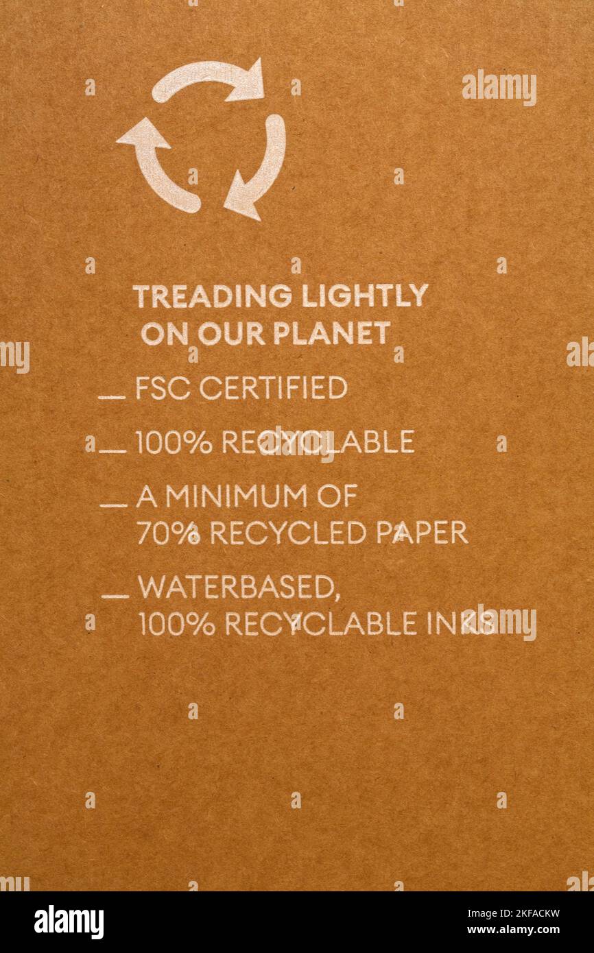 Treading lightly on our planet FSC certified 100% recyclable A minimum of 70% recycled paper, waterbased 100% recyclable inks Stock Photo