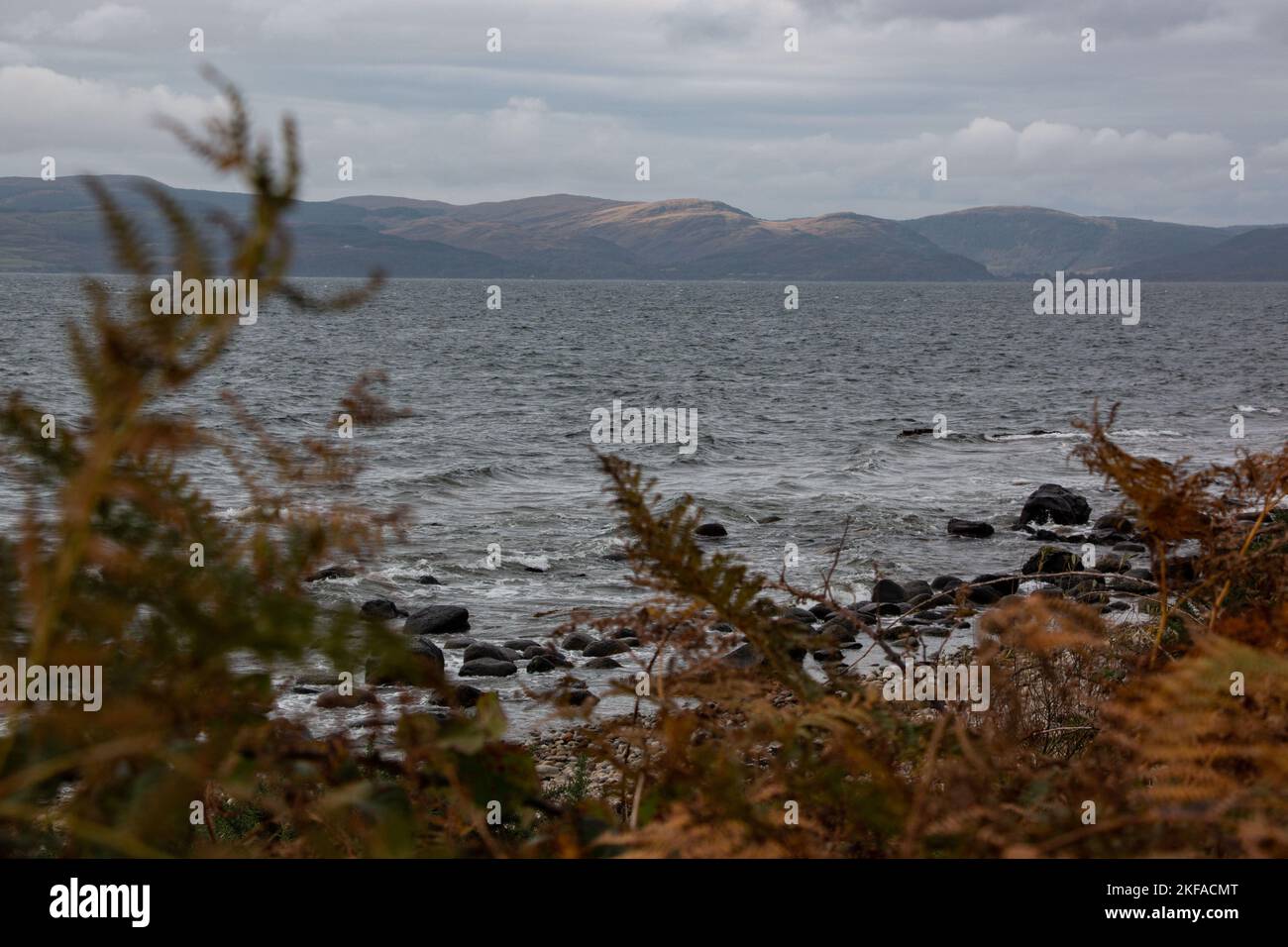 View across the sea from Arran to Kintyre peninsula framed by brown bracken Stock Photo