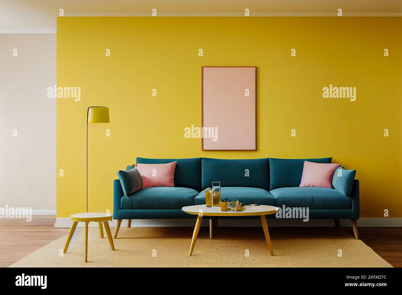 modern living room with green sofa Illustration Stock Photo - Alamy