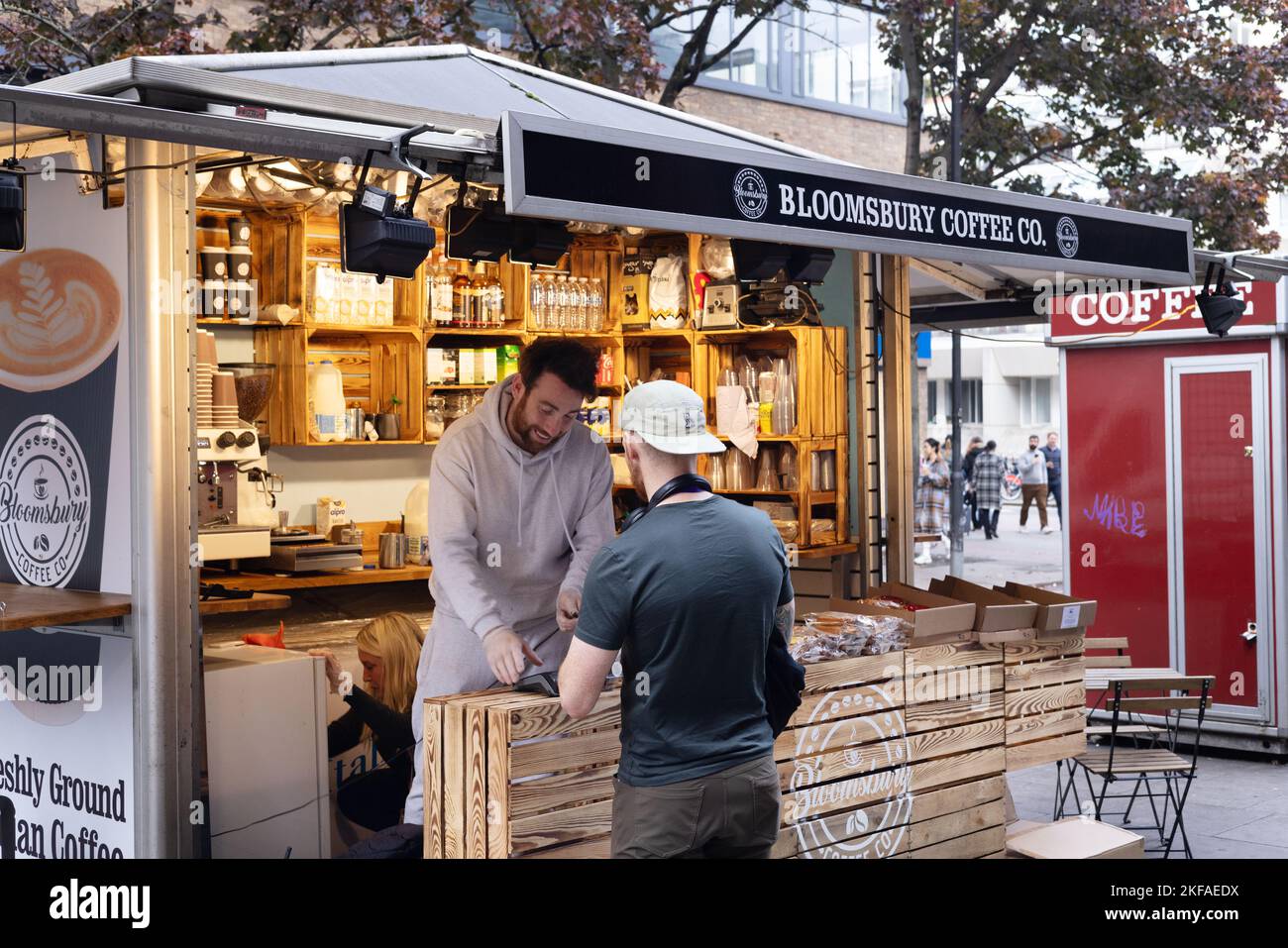 Small business UK; London coffee bar - a mobile street coffee stall outside, serving takeaway coffee, Bloomsbury, London UK Stock Photo