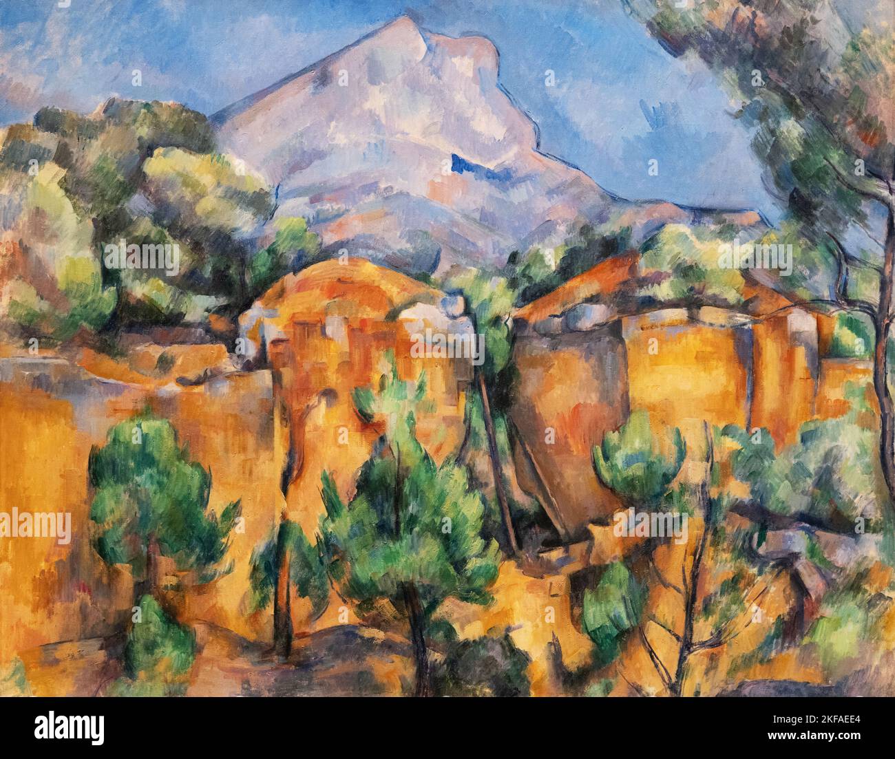 Paul Cezanne painting - Mont Sainte Victoire  seen from the Bibemus Quarry; c 1895-9 oil painting, Southern France. Post Impressionist  old master. Stock Photo