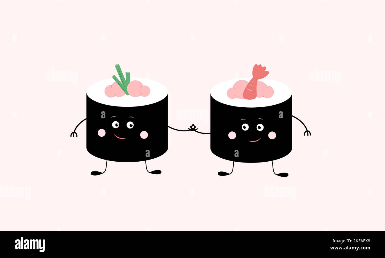 Cute vector Sushi mates characters. Two smiling sushi with faces holding hands. Illustration for fabric, cards, kids menu. Stock Vector