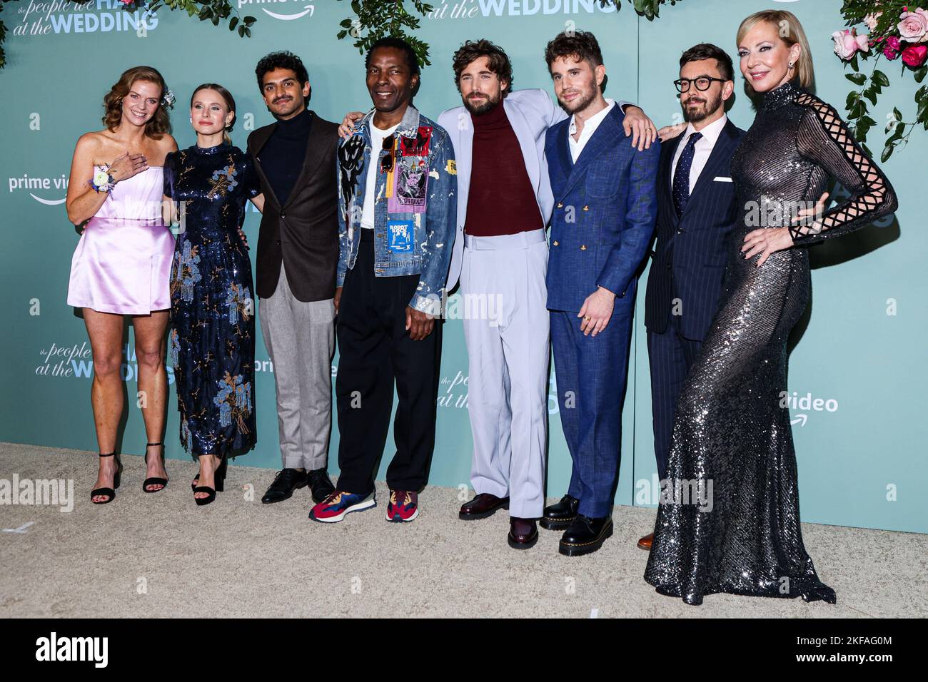 Westwood, United States. 16th Nov, 2022. WESTWOOD, LOS ANGELES, CALIFORNIA, USA - NOVEMBER 16: Claire Scanlon, Kristen Bell, Karan Soni, Isaach de Bankole, Dustin Milligan, Ben Platt, Jorma Taccone and Allison Janney arrive at the Los Angeles Premiere Of Amazon Prime Video's 'The People We Hate At The Wedding' held at the Regency Village Theatre on November 16, 2022 in Westwood, Los Angeles, California, United States. (Photo by Rudy Torres/Image Press Agency) Credit: Image Press Agency/Alamy Live News Stock Photo