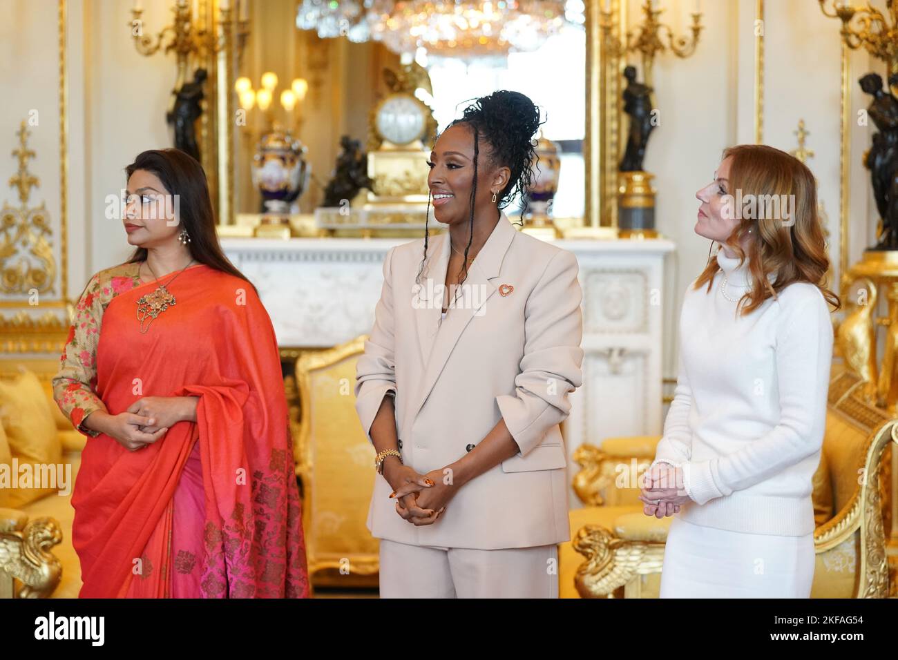 (left to right) Ayesha Dharker, Alexandra Burke and Geri Horner during a reception for winners of the Queen's Commonwealth Essay Competition, at Buckingham Palace in London. Picture date: Thursday November 17, 2022. Stock Photo