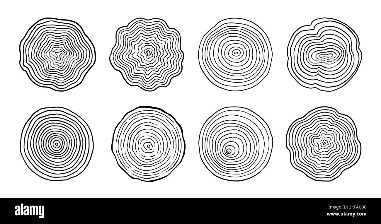 Tree ring wood circle set. Hand drawn tree ring pattern, line ripple circle wood texture. Wood organic slice line design. Vector illustration. Stock Vector