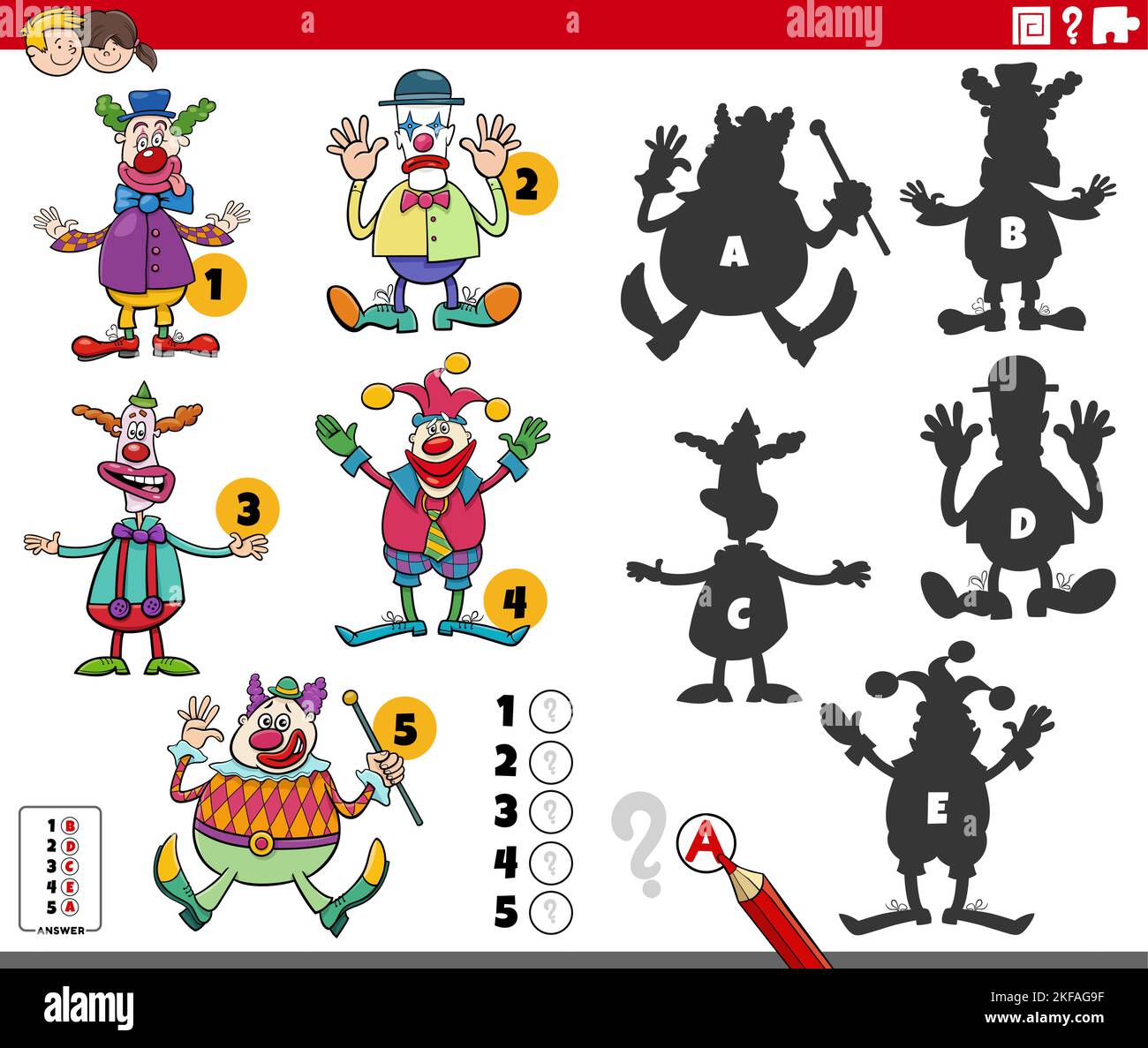 Cartoon illustration of finding the right shadows to the pictures educational game for children with clowns characters Stock Vector