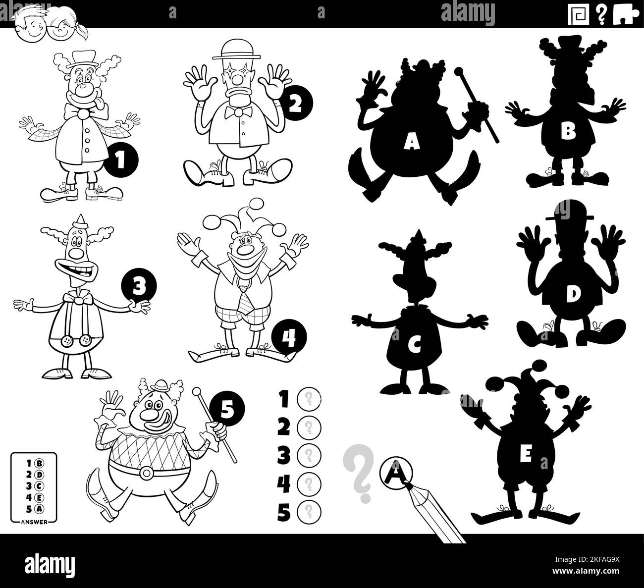 Black and white cartoon illustration of finding the right shadows to the pictures educational game for children with clowns characters coloring page Stock Vector
