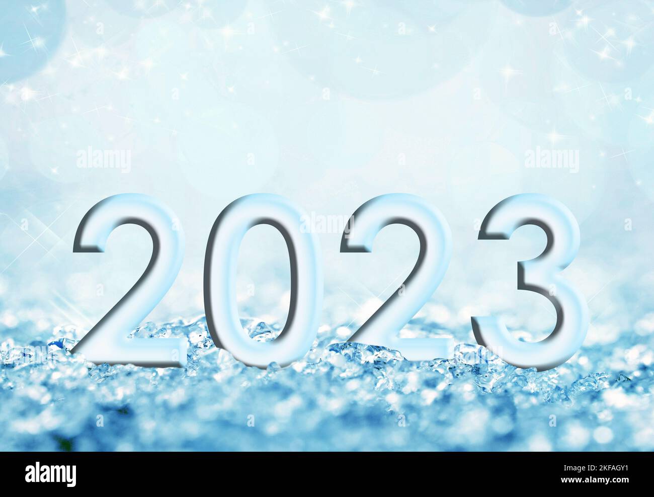 2023, new year card, blue icy snow and bokeh christmas background Stock Photo