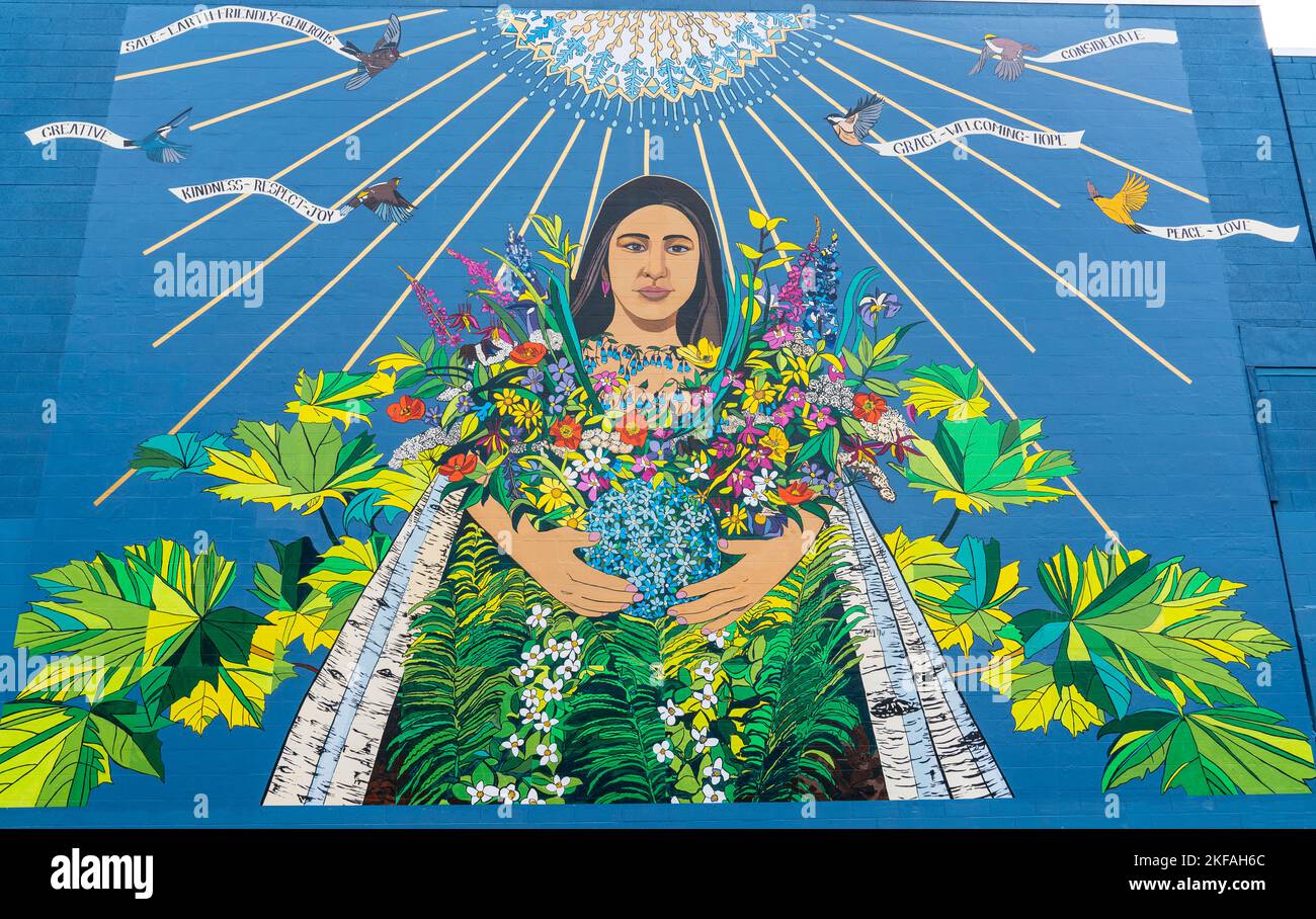 Anchorage, AK - September 4, 2022: The Hope Wall Mural is a project initiated by Artist Steve Gordon, who created the outline of the mural, which was Stock Photo