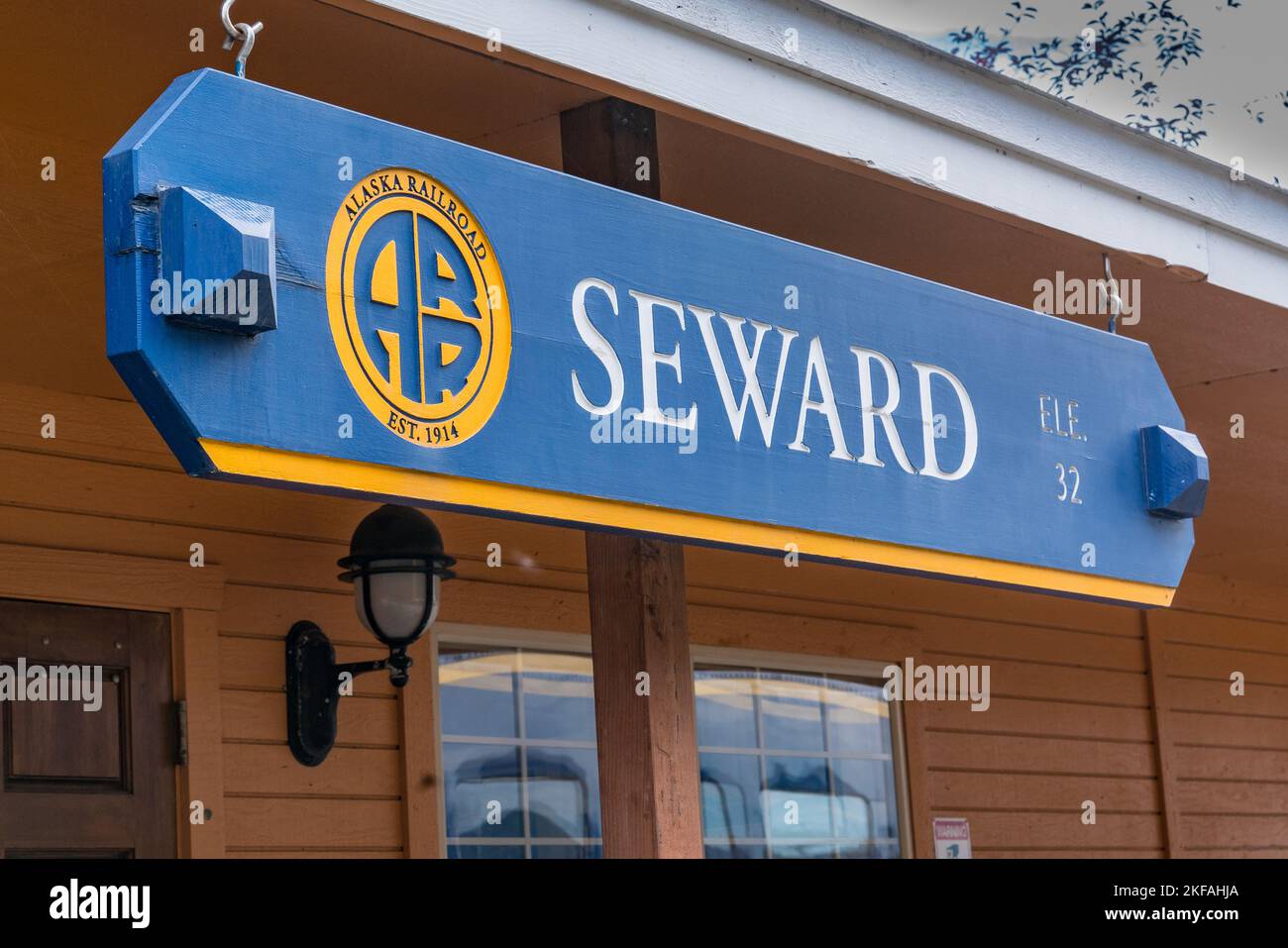 Seward, AK - September 1, 2022: Sign outside the Seward railroad train station of the Alaska Railroad Stock Photo