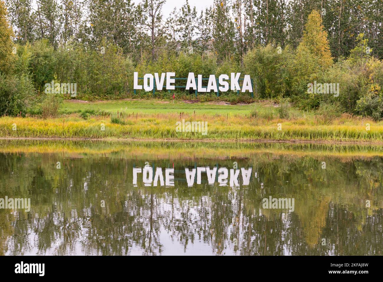 Love Alaska sign along the Chena river in Fairbanks Stock Photo