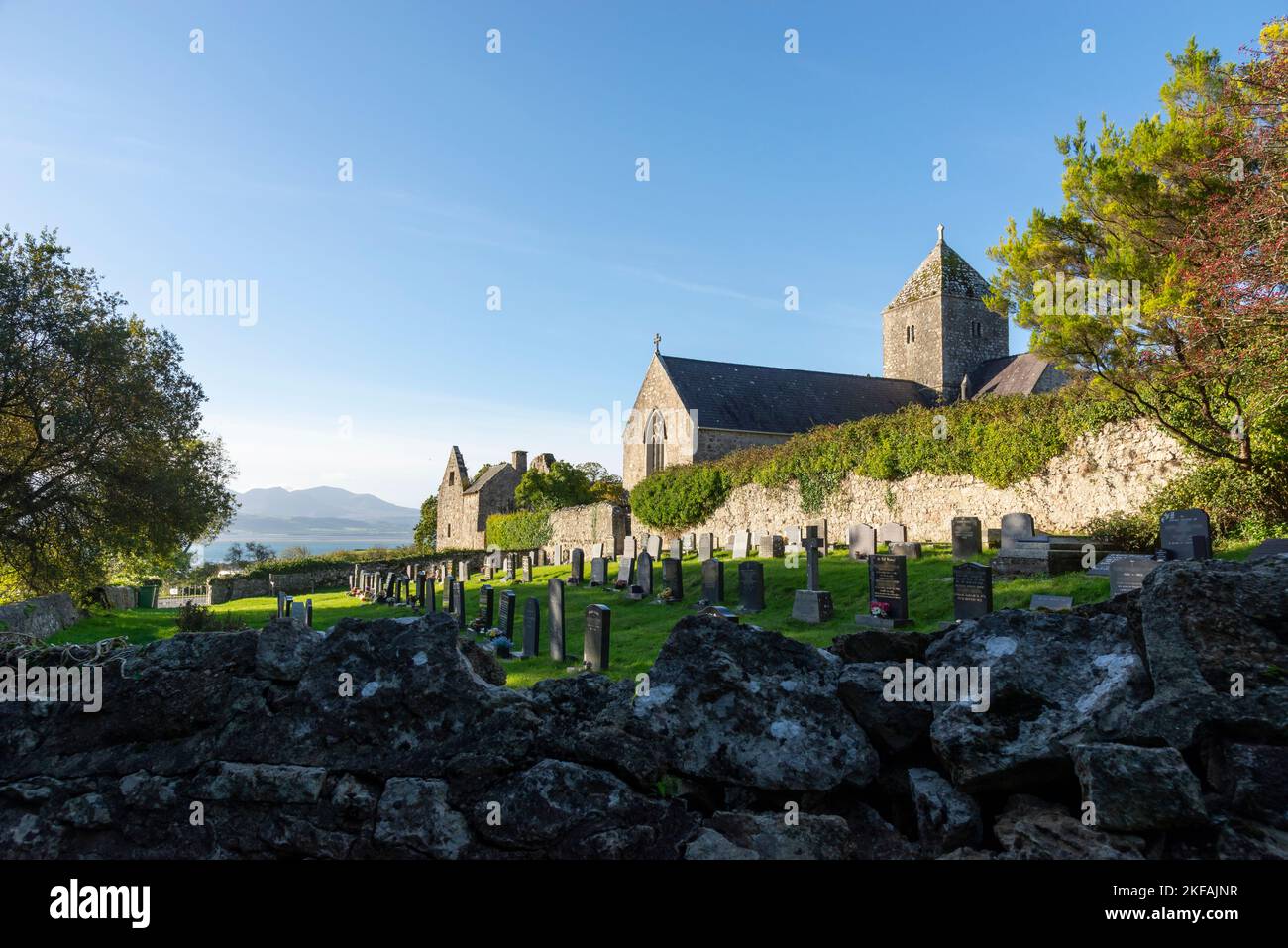 St Seiriols Church and Penmon Priory near Beaumaris, Anglesey, North Wales. Stock Photo