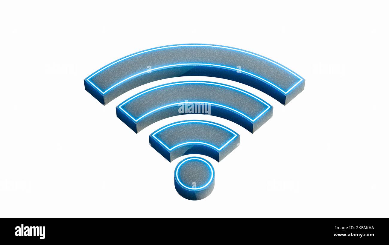 Wi Fi symbol, wireless networking digital hi tech innovation concept, free internet zone and hotspot, futuristic technology with blue neon glow. 3d re Stock Photo