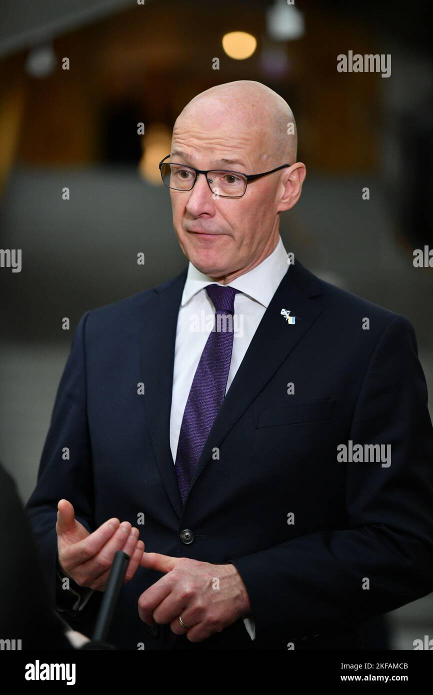 Edinburgh, Scotland, UK. 17th Nov, 2022. PICTURED: John Swinney MSP, Scottish Cabinet Minister for Covid Recovery seen giving interview in the Garden Lobby of the Scottish Parliament in response to the Chancellor - Rishi Sunak's autumn statement. Credit: Colin D Fisher Credit: Colin Fisher/Alamy Live News Stock Photo