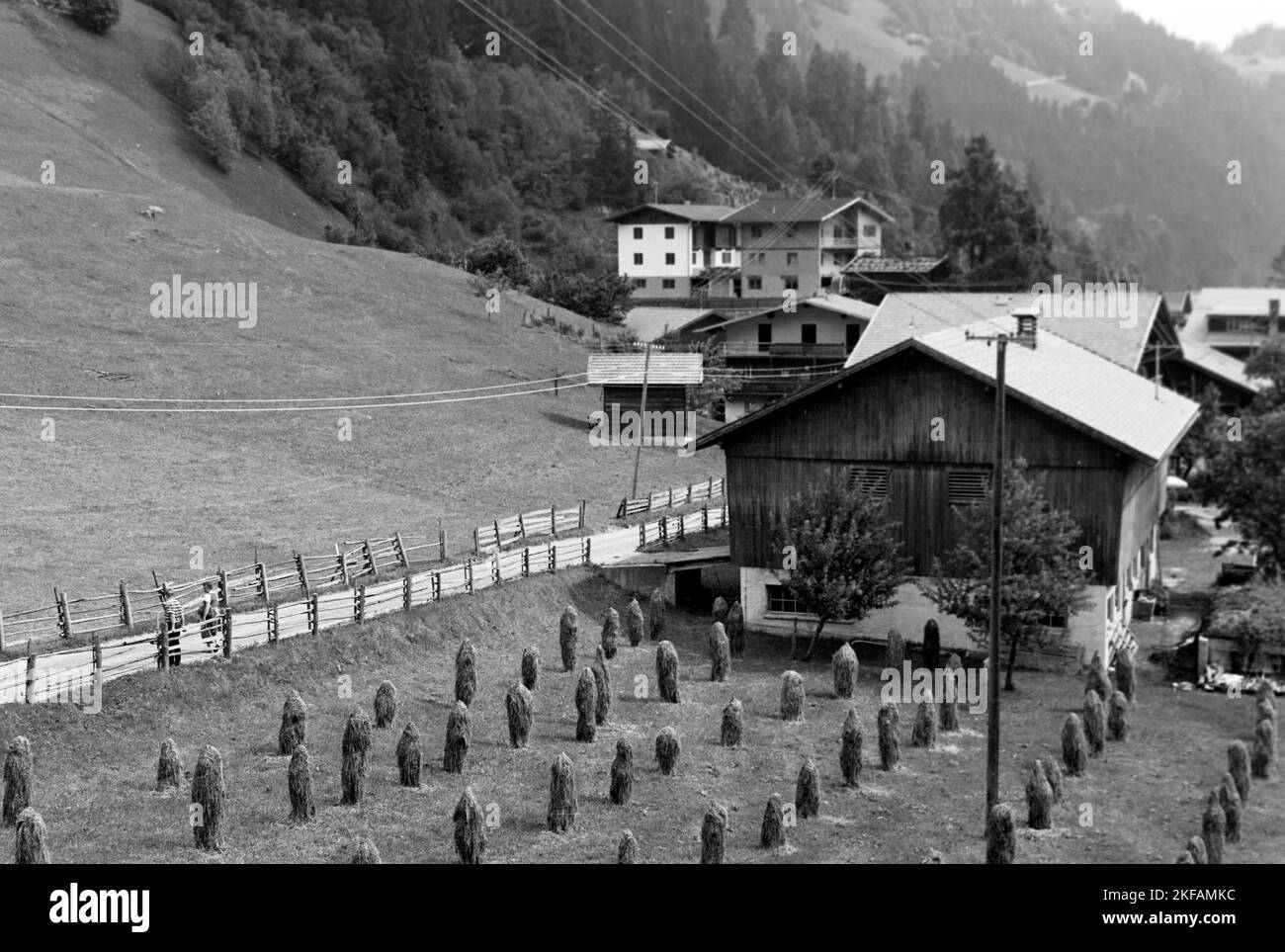 Bauernhof mit Heuhaufen im Zillertal, Tirol, 1970. Farm with haystacks in the Ziller Valley, Tyrol, 1970. Stock Photo