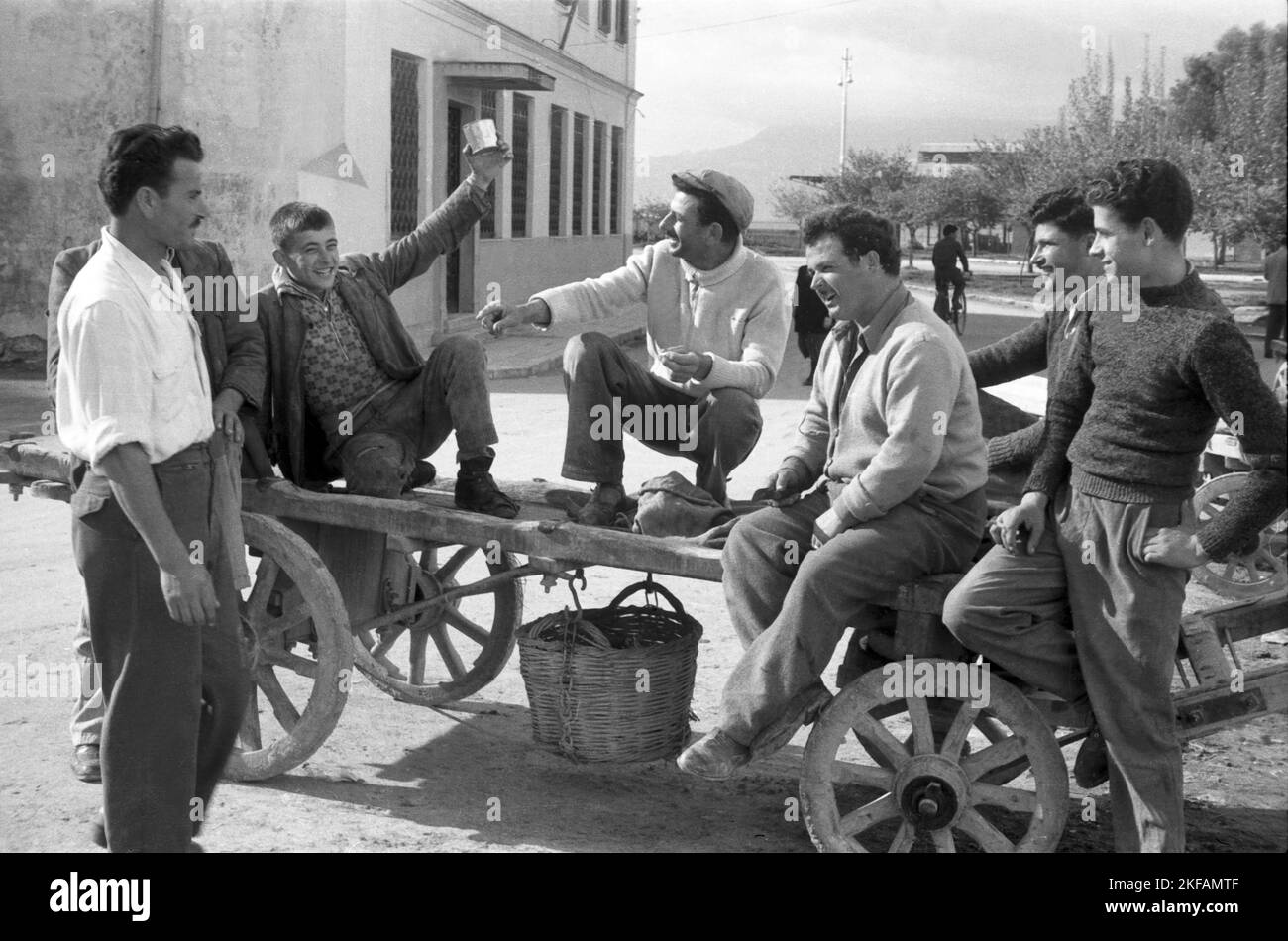 Sieben junge Männer bei einer Mittagspause auf einem Pferdefuhrwerk. Griechenland, 1950er Jahre. Seven young men having lunchbreak on a carriage, Greece, 1950s. Stock Photo