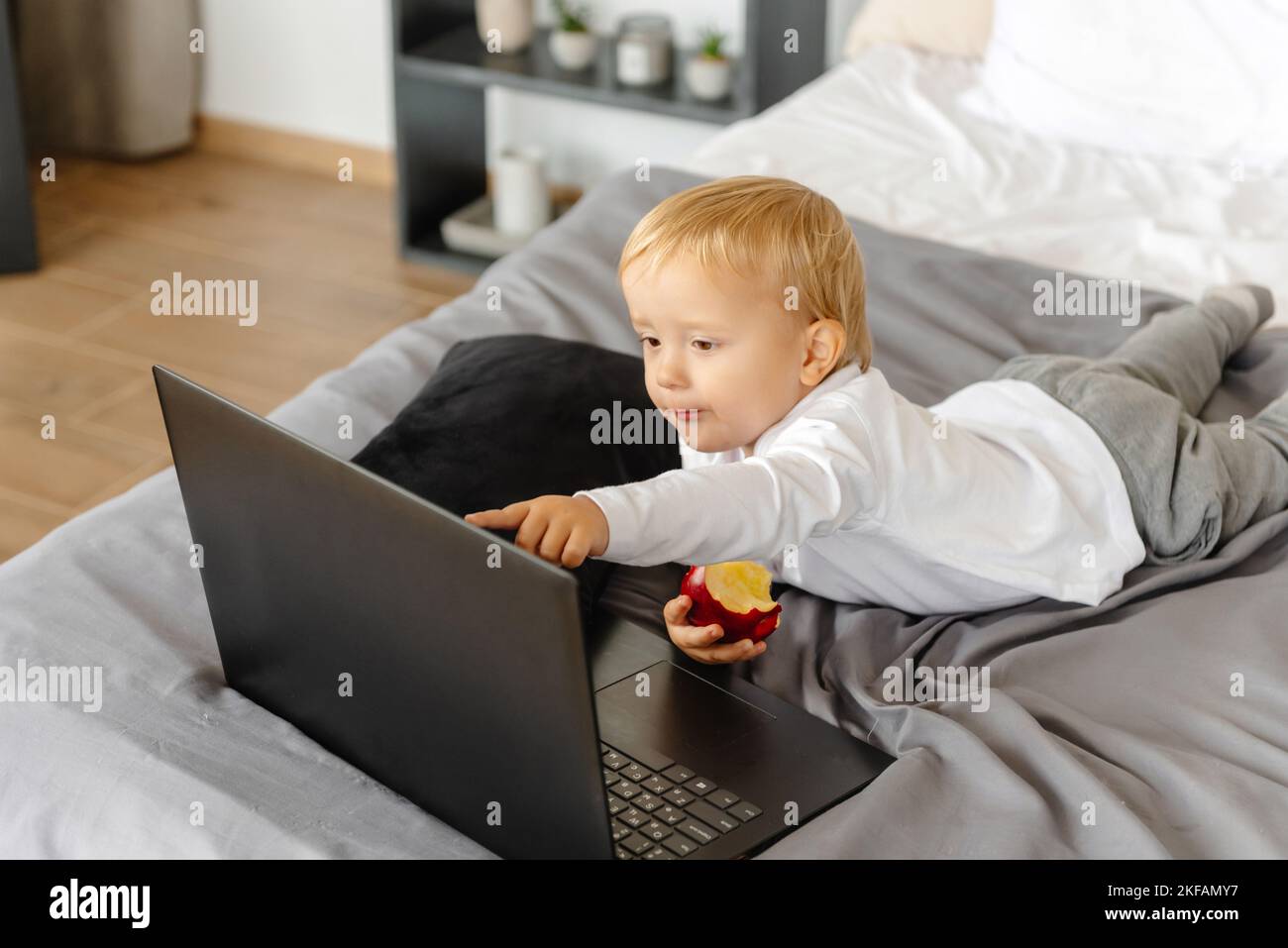 Cute kid is looking at a laptop and holding an apple, the rebonk is playing with the laptop Stock Photo