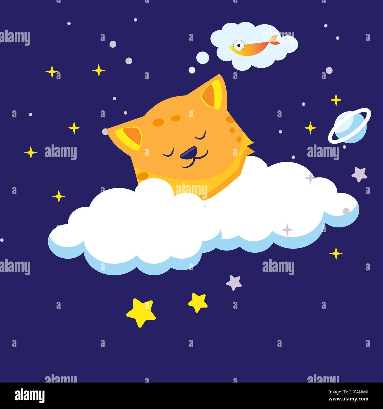 Lovely cat-moon on clouds in the night sky. Vector illustration is suitable for greeting cards, posters, prints on T-shirts. Stock Vector