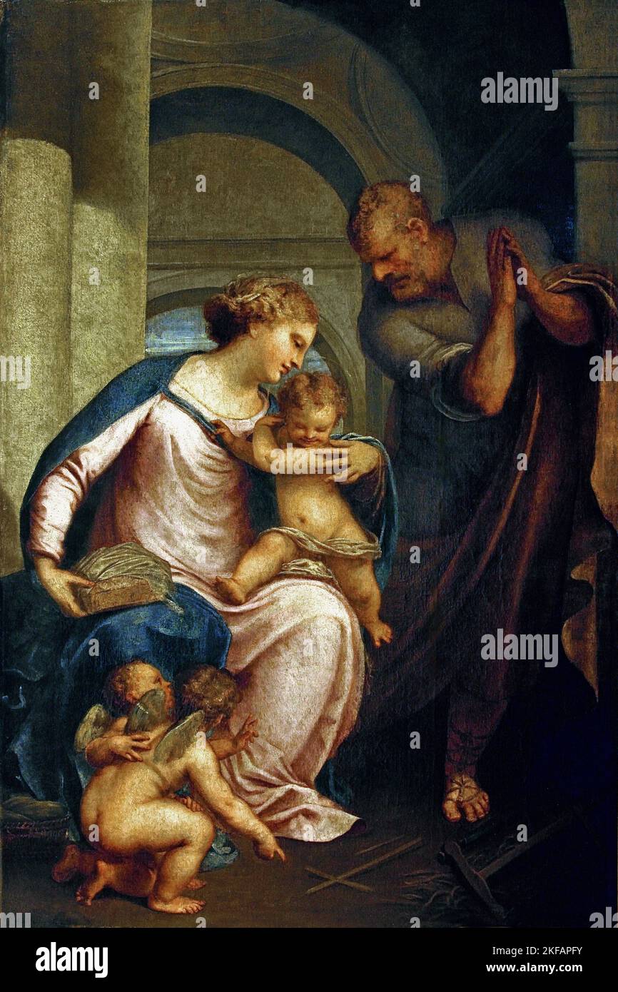 The Holy Family with two Angels pointing towards the Cross, 1652 by Pietro Liberi 1605-1687 Italy, Italian Stock Photo