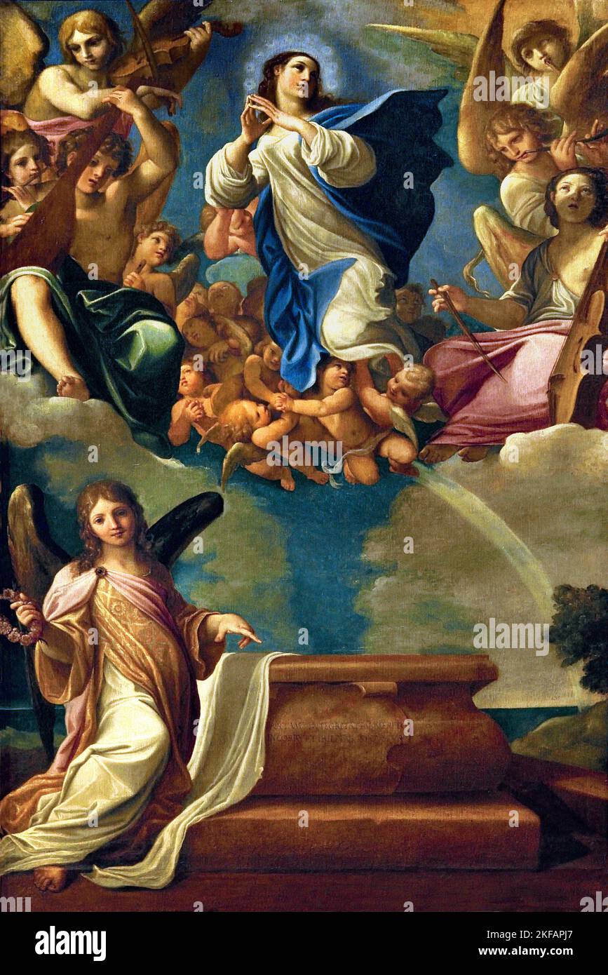 The assumption of the Virgin  1606-1607 by Ludovico Carracci 1555-1619 16-17th century, Italy, Italian.  Assumption Day commemorates the belief that when Mary, the mother of Jesus Christ, died, her body was 'assumed' into heaven to be reunited with her soul, instead of going through the natural process of physical decay upon death. Stock Photo