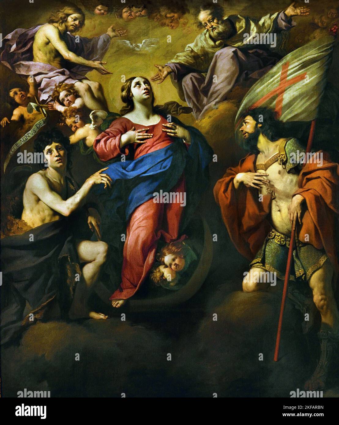 The Assumption of the Virgin with Saints John the Baptist and George 1645-1650 oil on canvas - Luca Ferrari 1605-1654,  Italy, Italian Stock Photo
