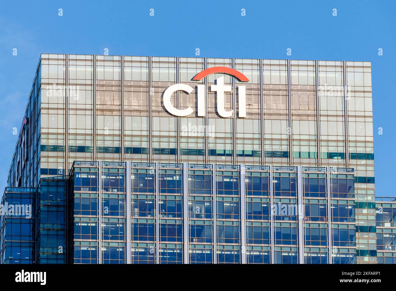 Sign at the top of the Citi group building in the financial district of London, UK Stock Photo