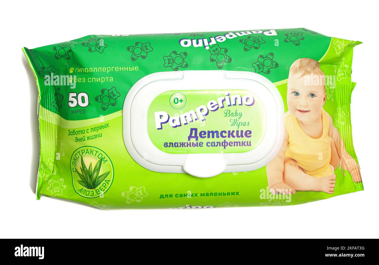Moscow, Russia, November 17,2022 Pamperino Baby Wet Wipes with Aloe Vera Extract Stock Photo