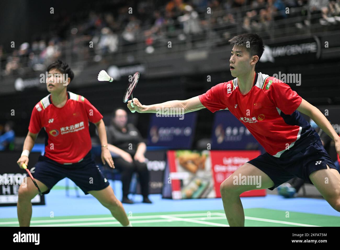 Sydney, Australia. 17th Nov, 2022. Huang Dong Ping (L) and Feng Yan Zhe (R) of China seen during the 2022 SATHIO GROUP Australian Badminton Open mixed double round of 16 match against Young Hyuk Kim and Lee Yu Lim of Korea. Feng and Huang won the match 12-21, 21-14, 21-15. Credit: SOPA Images Limited/Alamy Live News Stock Photo