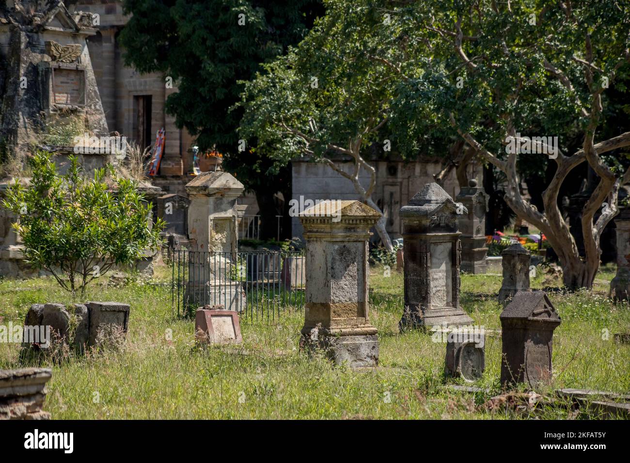 Belen cemetery tombs in day of the dead in Guadalajara Jalisco Mexico, pantheon santa paula, halloween concept Stock Photo