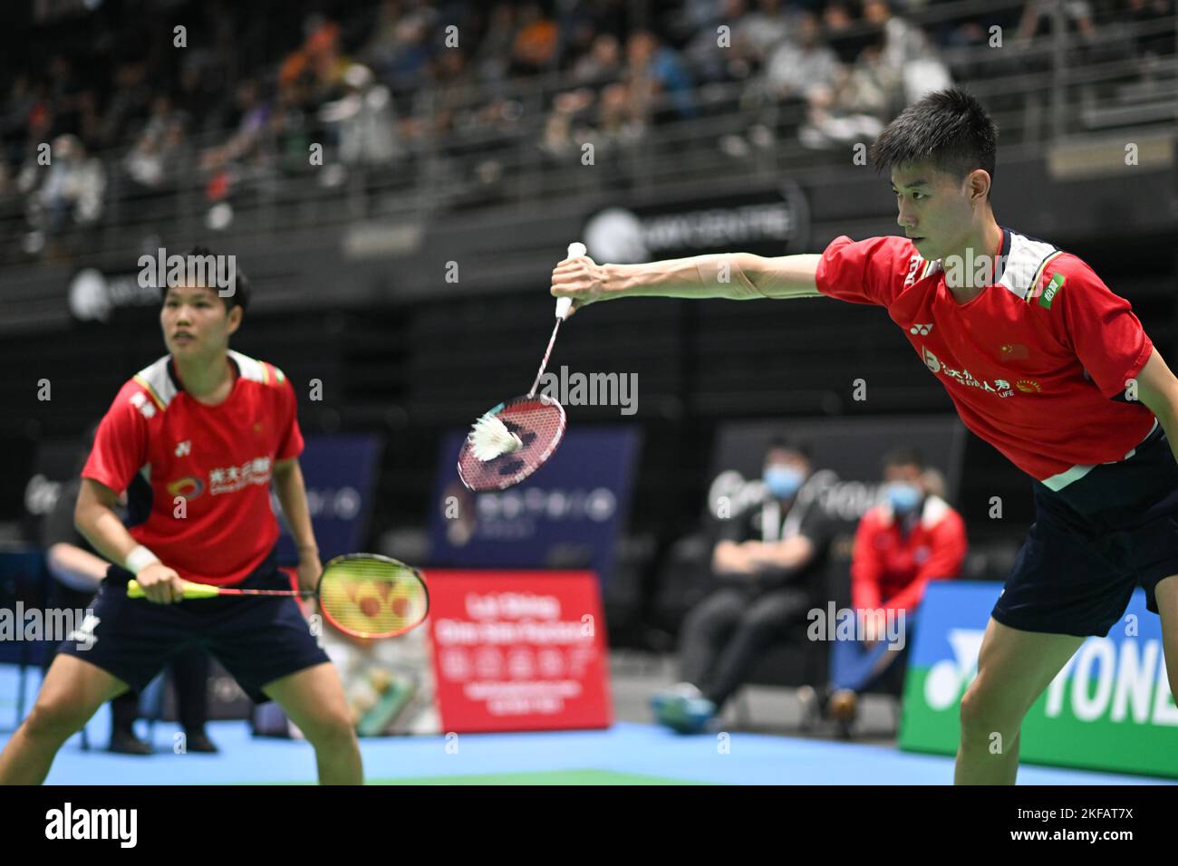 Sydney, Australia. 17th Nov, 2022. Huang Dong Ping (L) and Feng Yan Zhe (R) of China seen during the 2022 SATHIO GROUP Australian Badminton Open mixed double round of 16 match against Young Hyuk Kim and Lee Yu Lim of Korea. Feng and Huang won the match 12-21, 21-14, 21-15. Credit: SOPA Images Limited/Alamy Live News Stock Photo